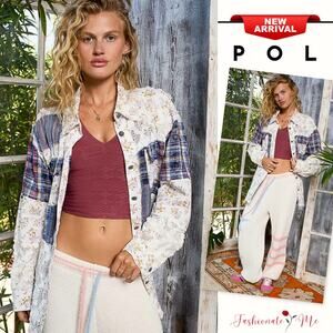 POL Floral Print Contrast Plaid Patchwork Button Down Lace Detail Shacket | Blue